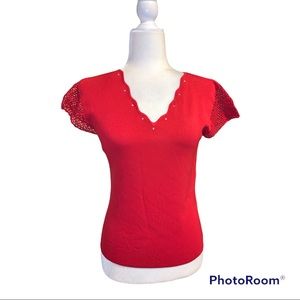 Gardy Brick Red V-Neck Sweater Crochet Sleeves and Rhinestones Sz S